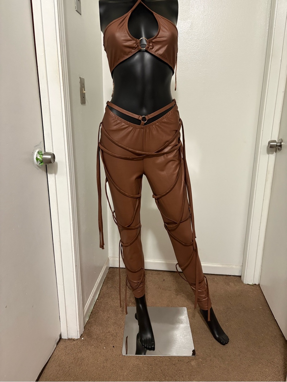 Fashion Nova Brown Faux Leather Skinny Strappy Pants and matching top. NWT Small